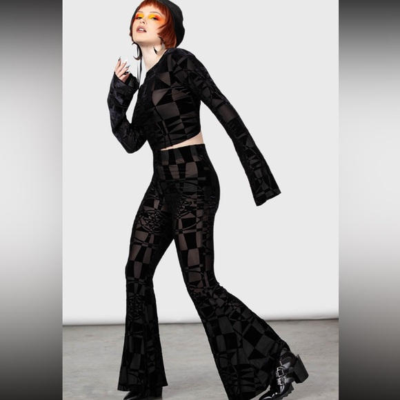KILLSTAR Suspiria Mood Stretch Mesh Velvet Burnout Flared Pants Black Size XS S - Picture 4 of 7